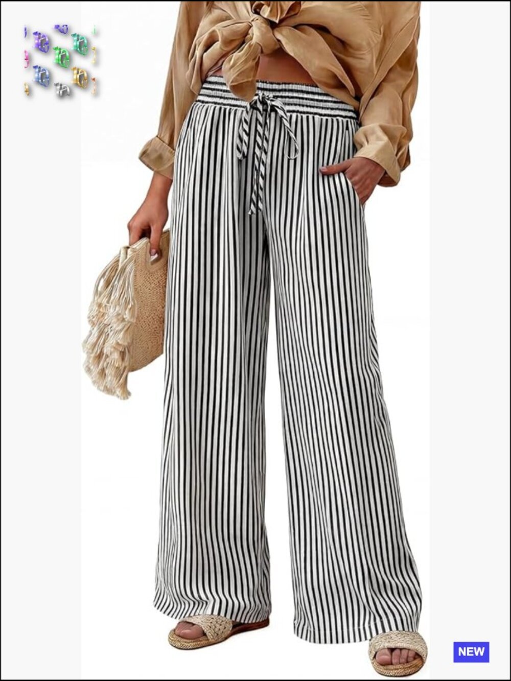 Striped Wide Leg Palazzo Pants High Waisted Elastic Drawstring Lounge Trousers